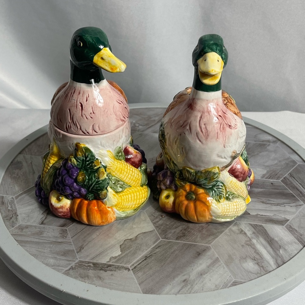 Fitz & Floyd Omnibus 1993 Vintage Mallard Duck Fork Holder & Covered Jar Pair